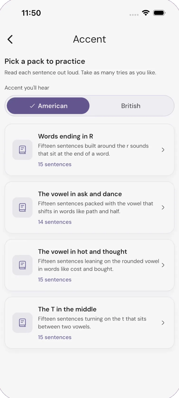 Accent training in the PractE app: an American or British choice above packs of practice sentences