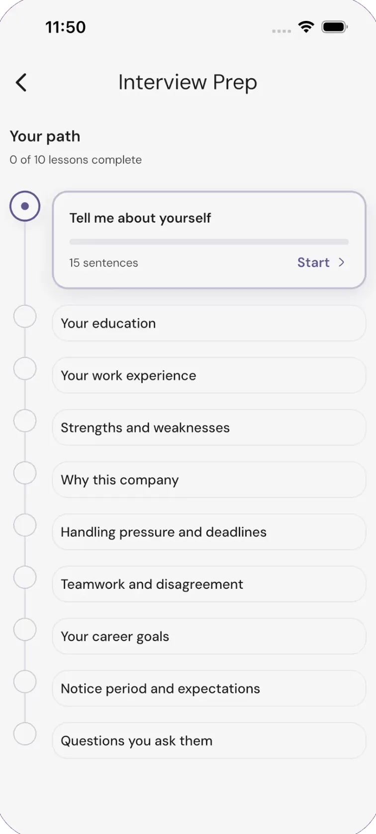 Interview prep in the PractE app: a path of ten lessons, starting with Tell me about yourself