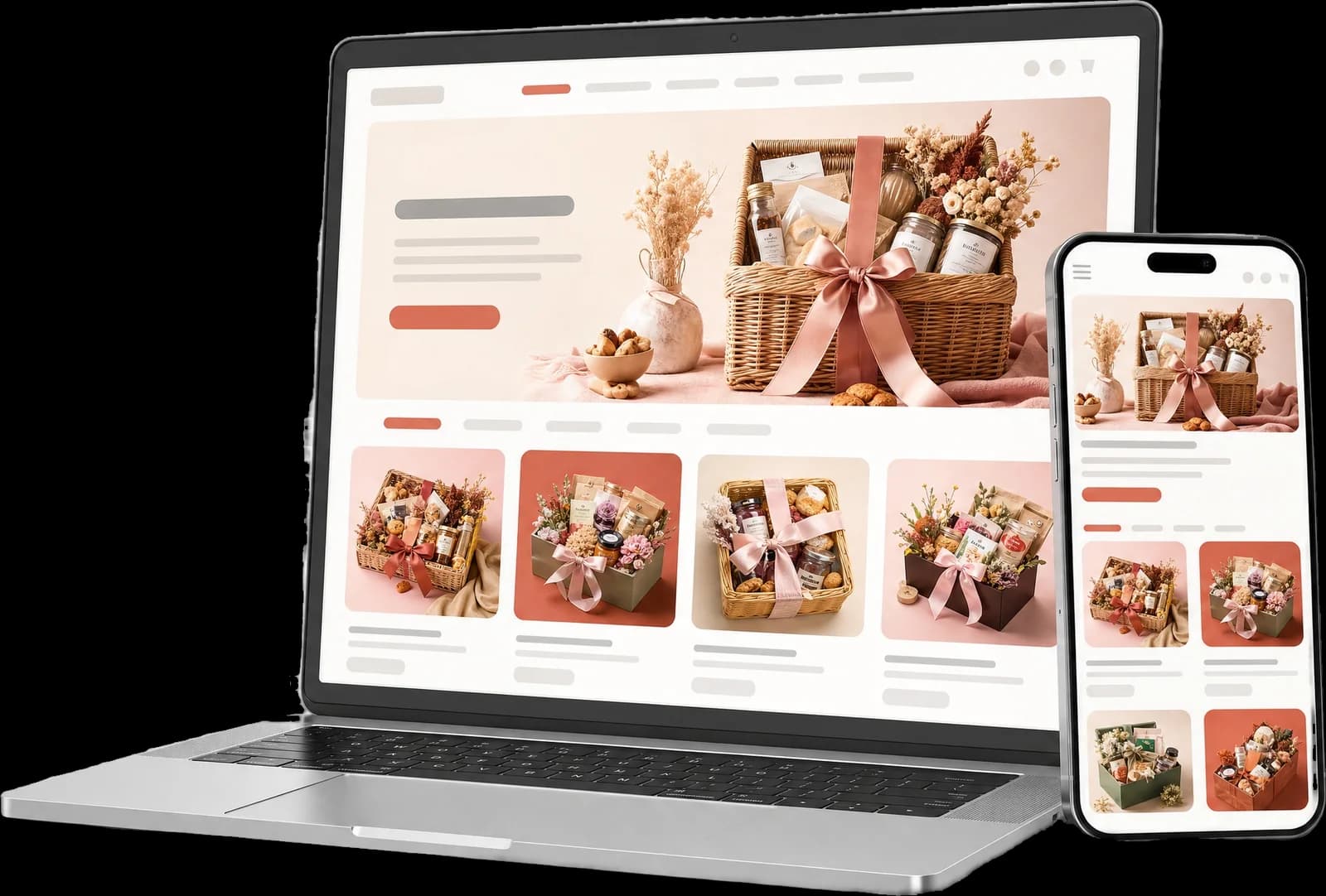 Illustration of the Crafto Arte gift hamper store on a laptop and phone