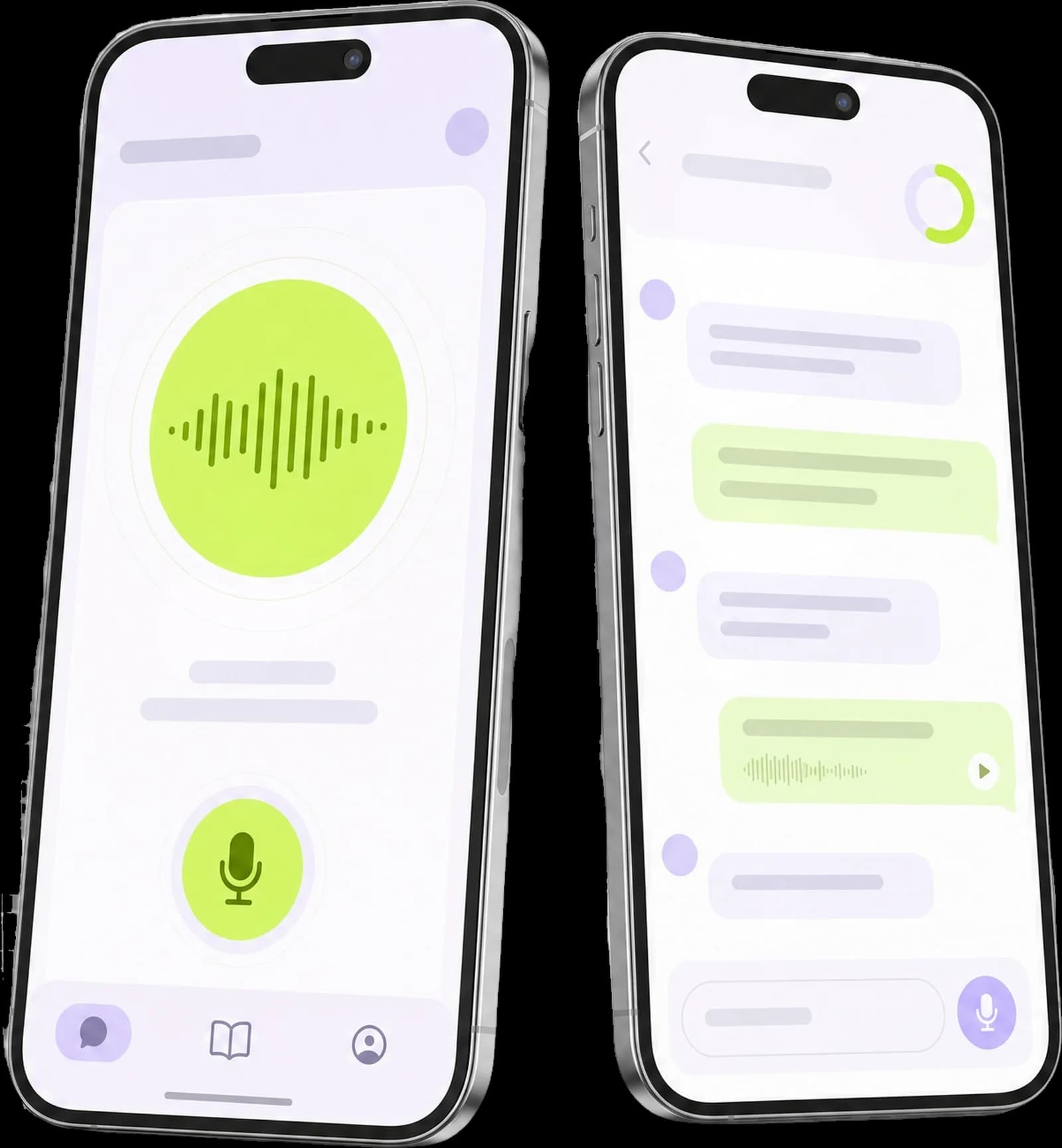 Illustration of the PractE app on two phones: a voice tutor screen and a chat screen
