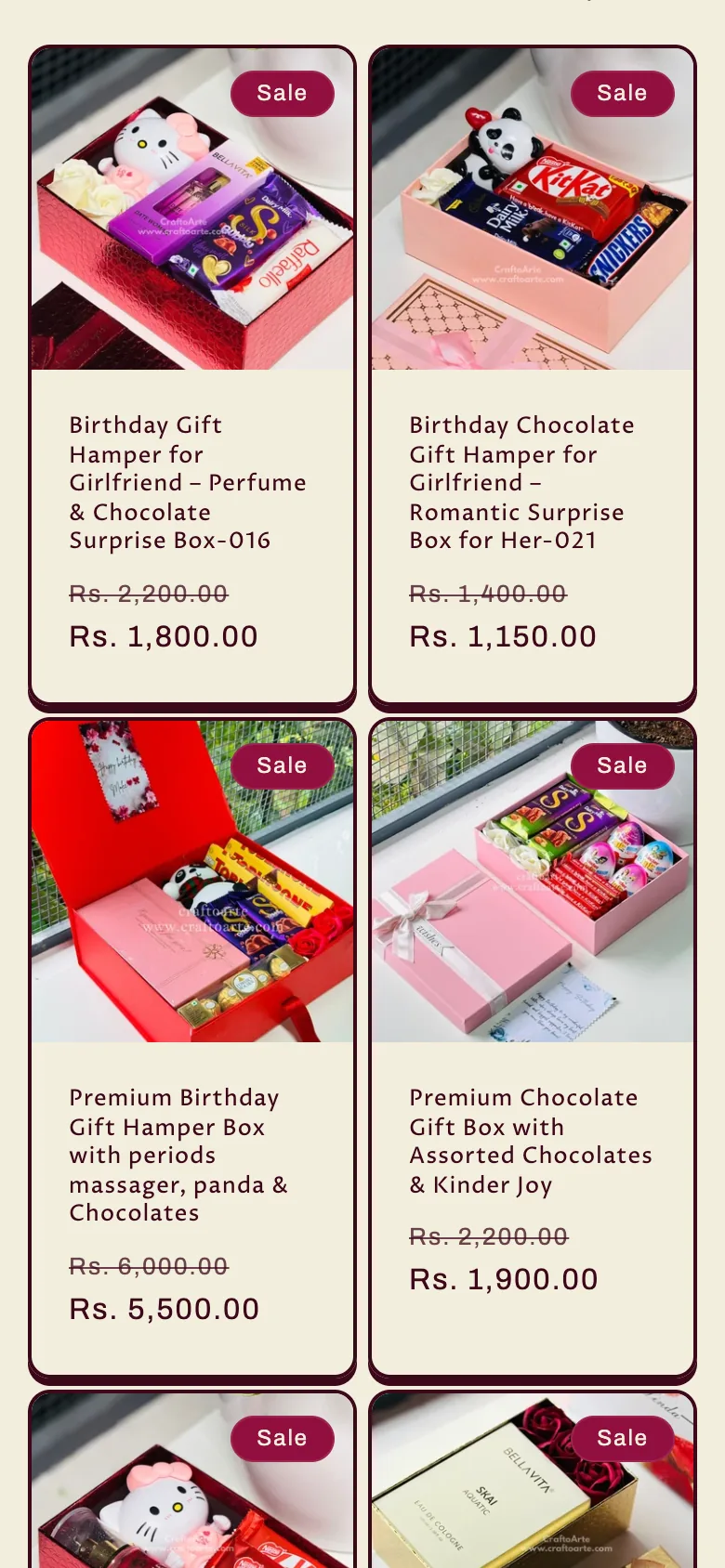 A Crafto Arte collection of gift hampers on a phone, with prices
