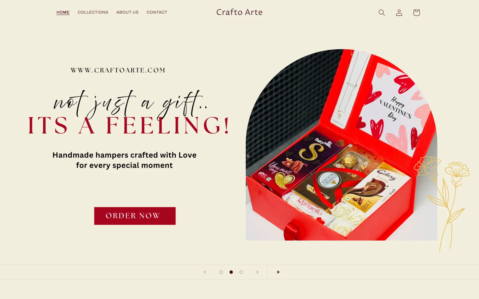 The Crafto Arte store home page on a laptop, with a gift hamper in its slideshow