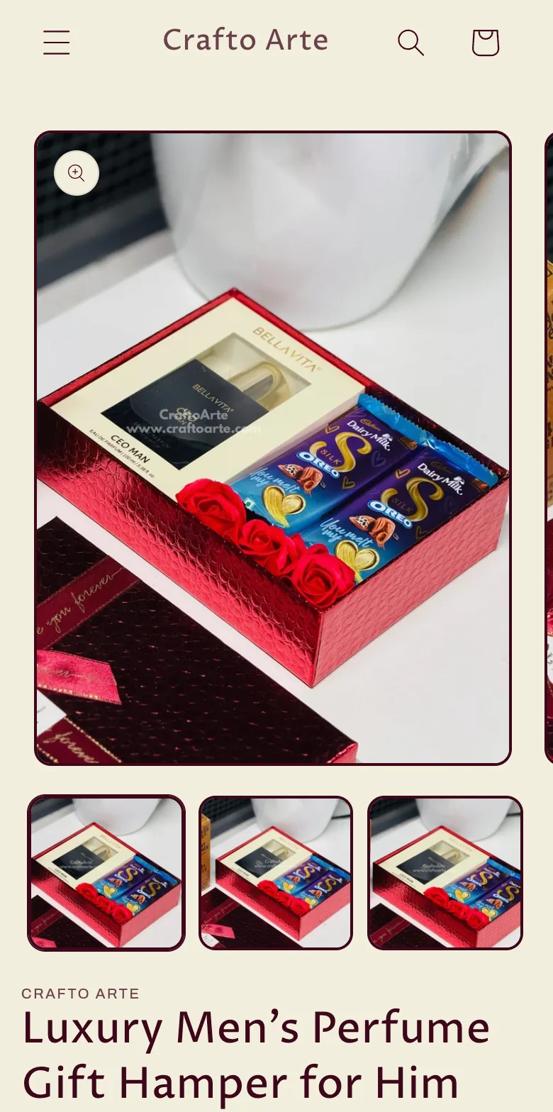 A Crafto Arte gift hamper product page on a phone